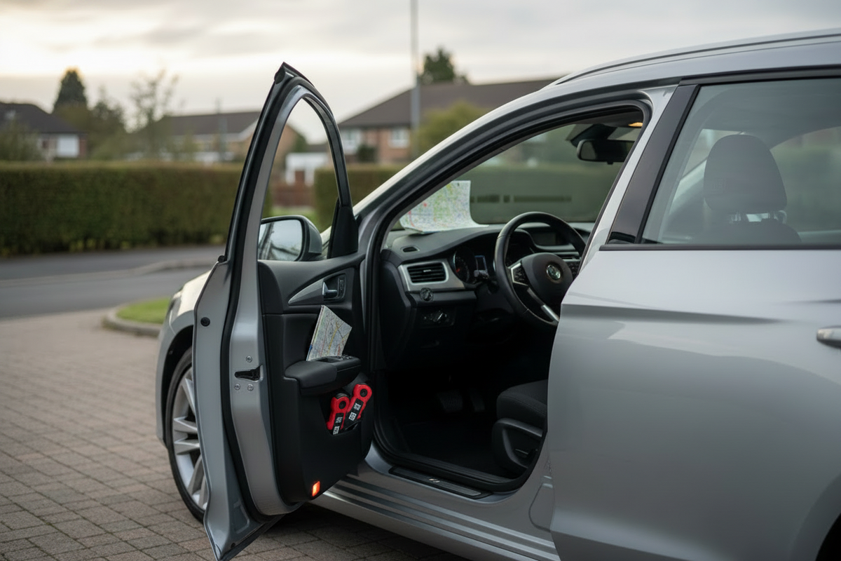Unbranded family car on a UK driveway with two compact emergency escape tools stored in the open front-door pocket