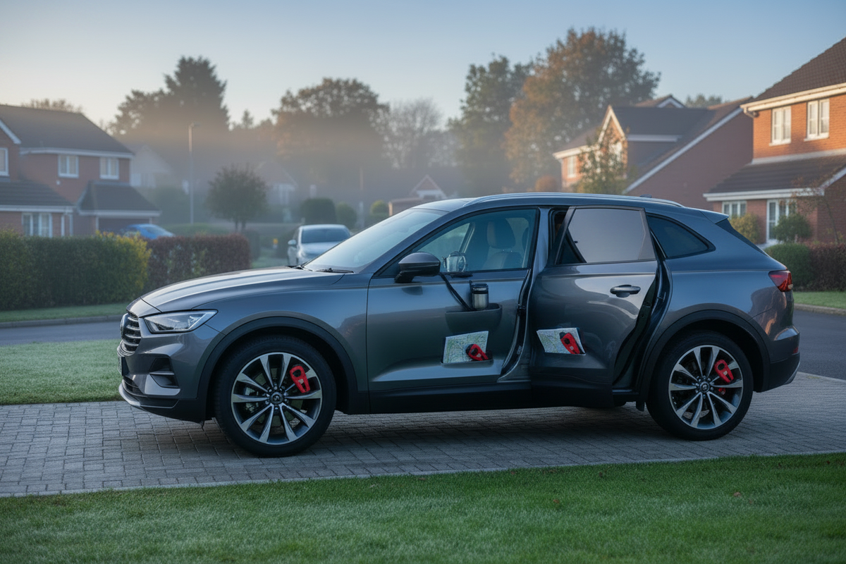 Unbranded family car on a British driveway at sunrise with accessible emergency tools