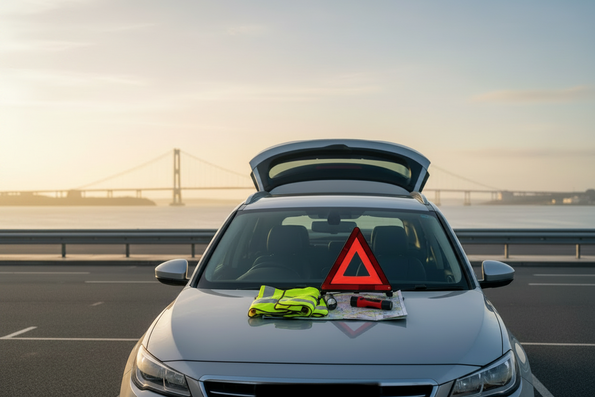 Unbranded family car prepared for an early UK bridge journey with roadside safety equipment