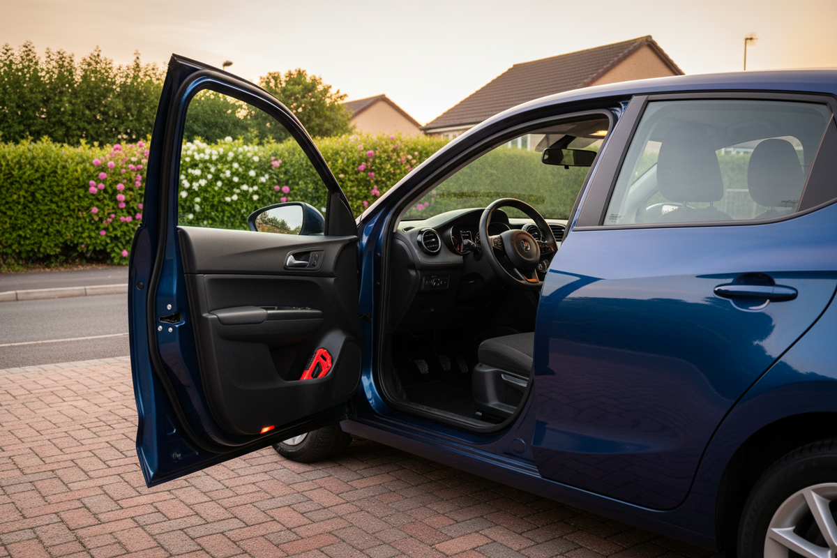 Sunday evening new driver car setup with a securely stored emergency escape tool