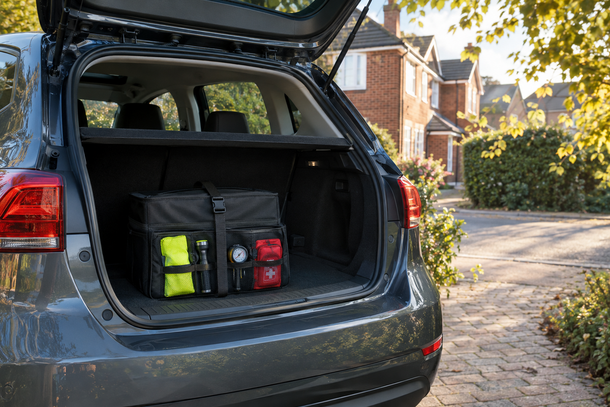 Secured roadside emergency kit in the open boot of an unbranded car on a sunny British driveway