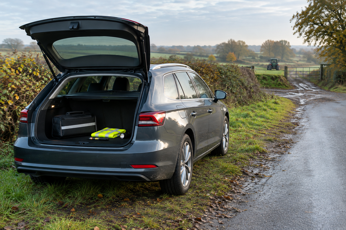 Unbranded family estate car safely parked beside a damp rural UK lane with an emergency kit and high-visibility vest in the open boot