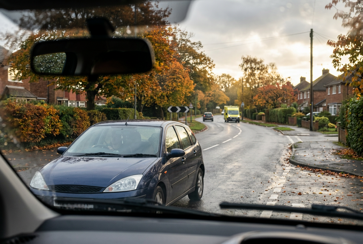 Unbranded right-hand-drive family hatchback on a wet British suburban road at autumn first light, with clear visibility and warm sunlight breaking through clouds