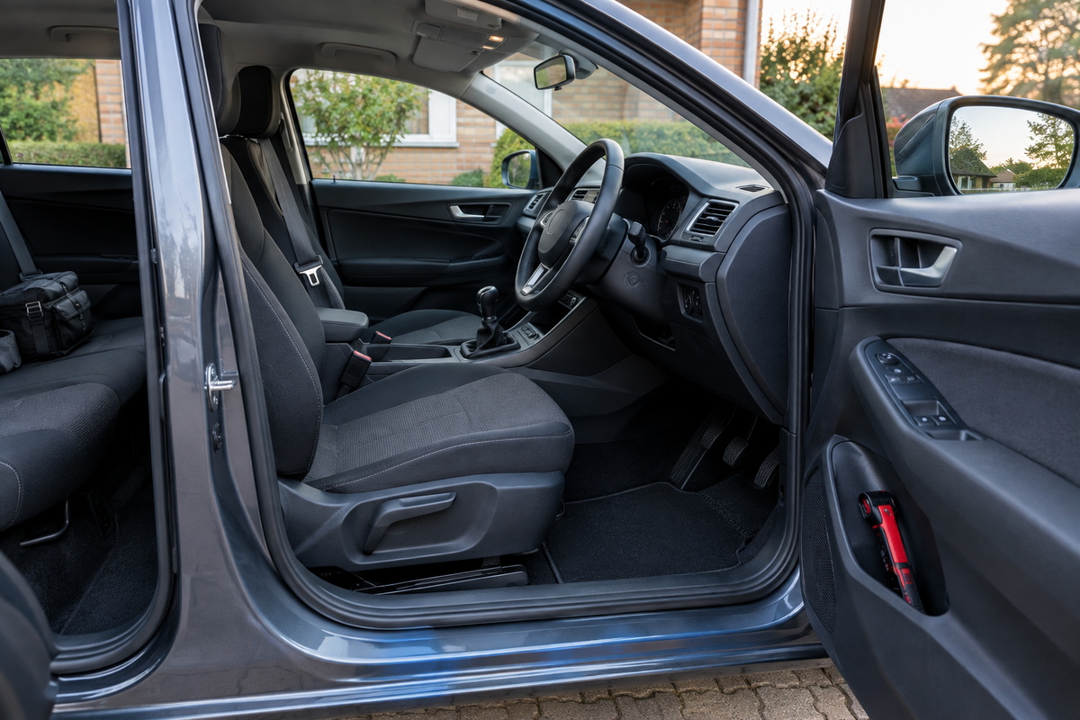 Unbranded right-hand-drive family car cabin with an emergency escape tool secured in the front door pocket