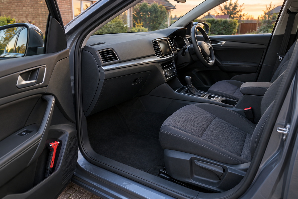 Clean unbranded right-hand-drive family car cabin at dusk with a clear footwell and a red emergency escape tool secured in the front passenger door pocket