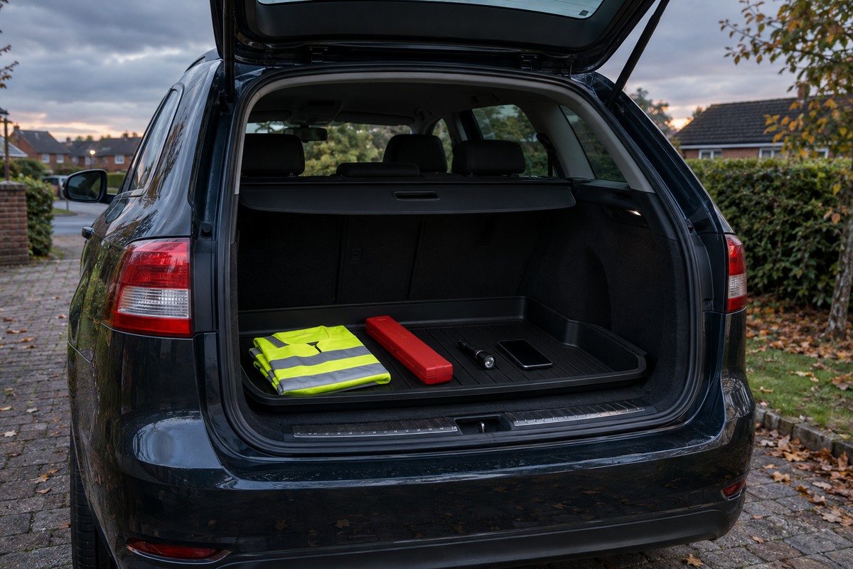 High-visibility vest, warning-triangle case, torch and smartphone secured in an unbranded estate-car boot on a British driveway before evening rain