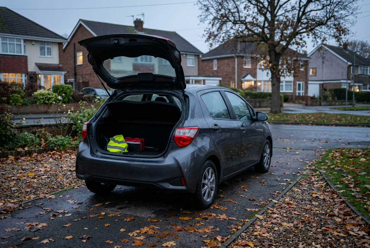 Realistic unbranded family hatchback on a quiet UK suburban driveway at blue-grey dawn with a compact roadside kit in the open boot