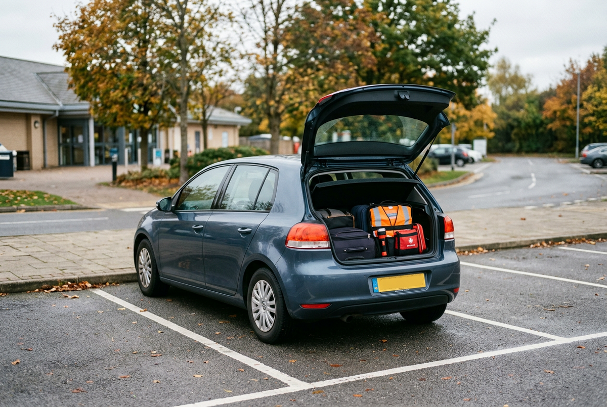 Realistic British autumn service-area scene with a family hatchback, secured luggage and an organised roadside safety kit in the open boot