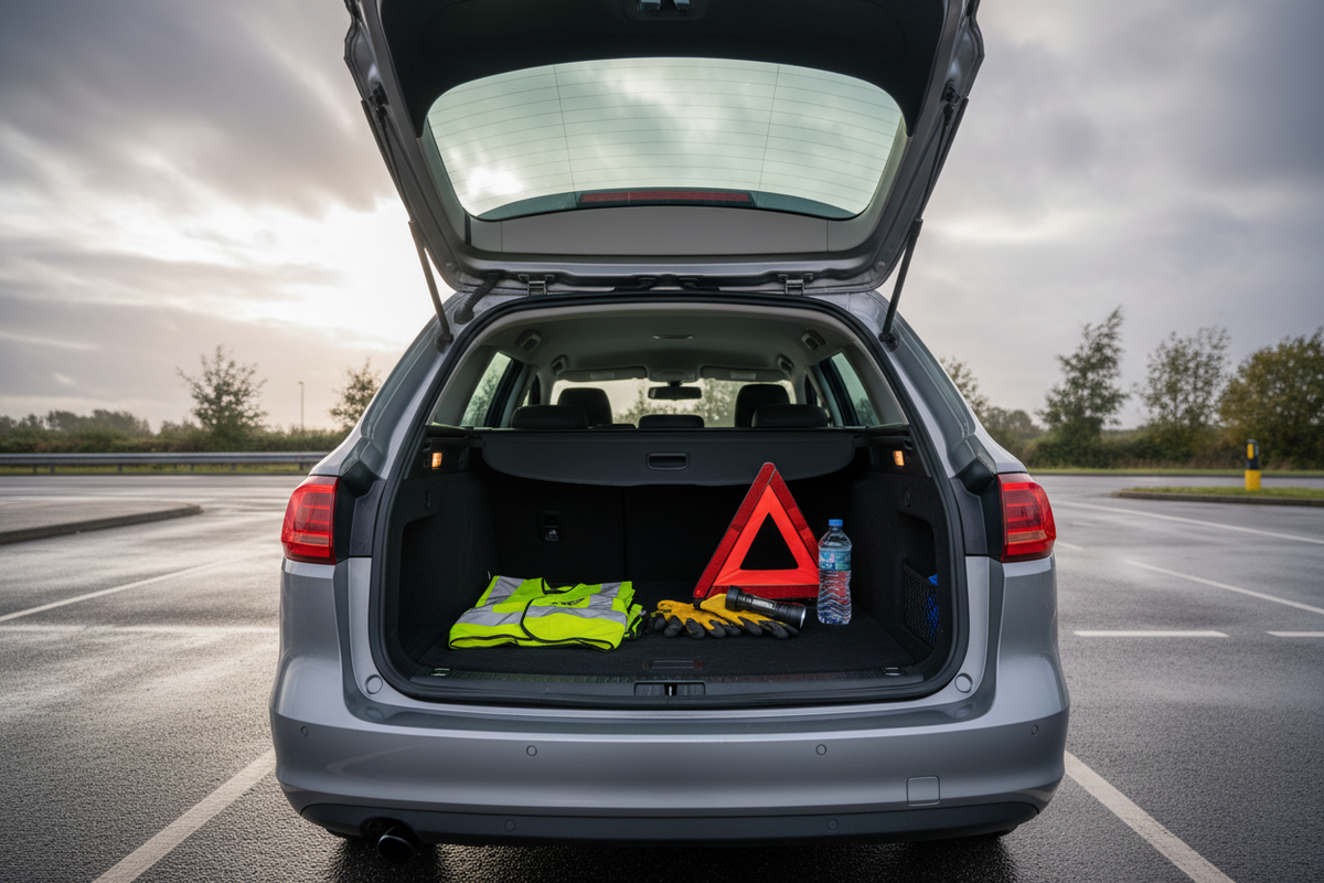 Unbranded family car boot with roadside kit on a damp windy UK Saturday morning