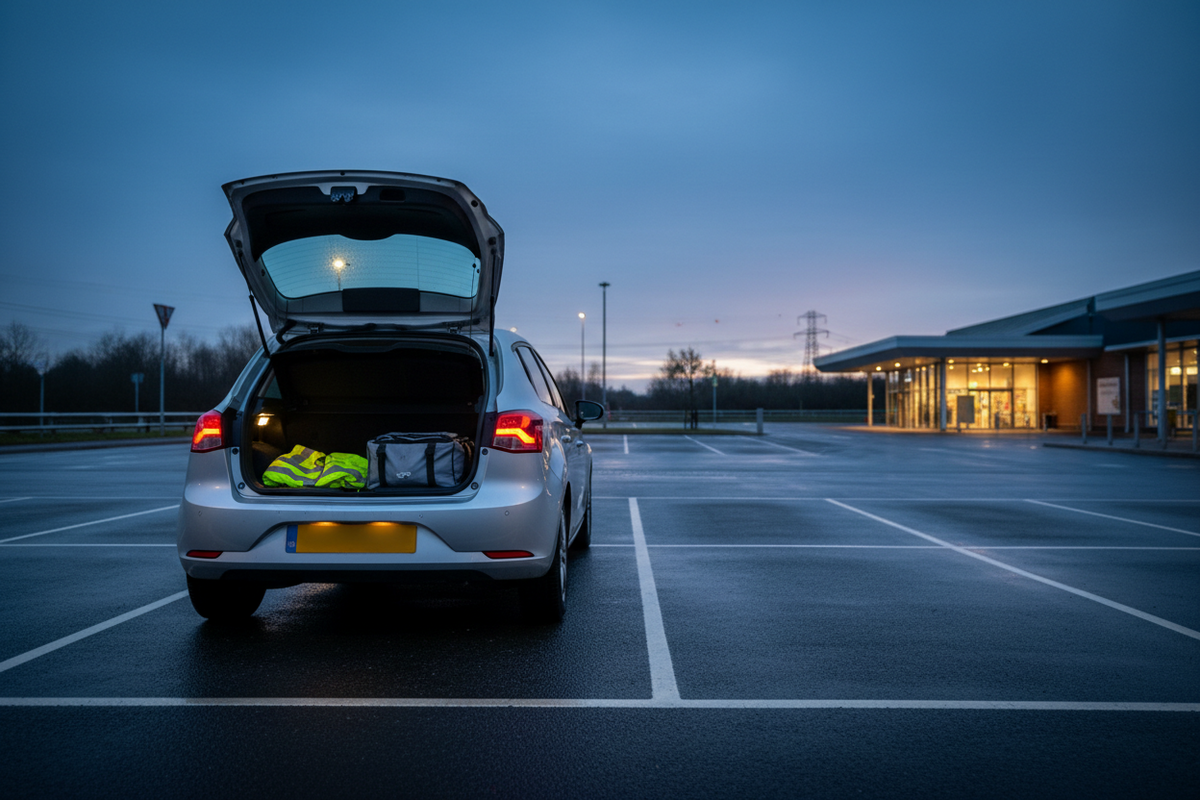 Unbranded family car with roadside kit in a wet UK service area at blue hour