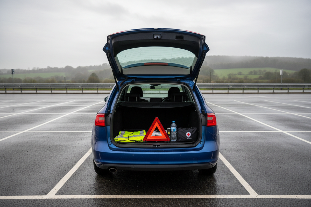 Unbranded family car parked safely at a wet UK service area with roadside safety equipment secured in the boot