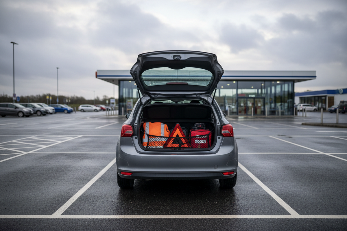Unbranded family car parked safely at a wet UK service area with roadside kit secured in the boot
