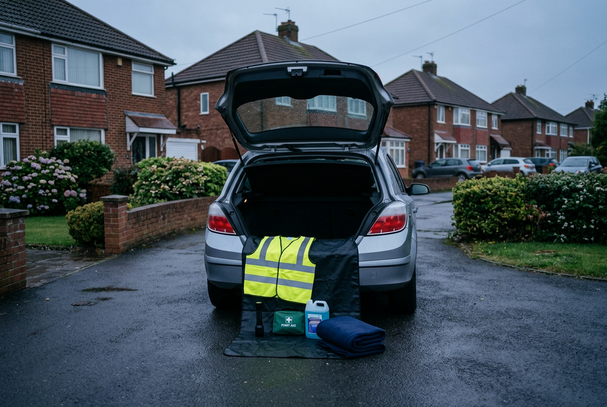 Generic family hatchback with an open boot and neatly arranged emergency kit on a wet British suburban driveway at dusk