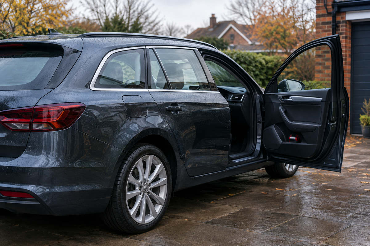 Unbranded family estate car with clear windows and a secured escape tool on a damp British driveway