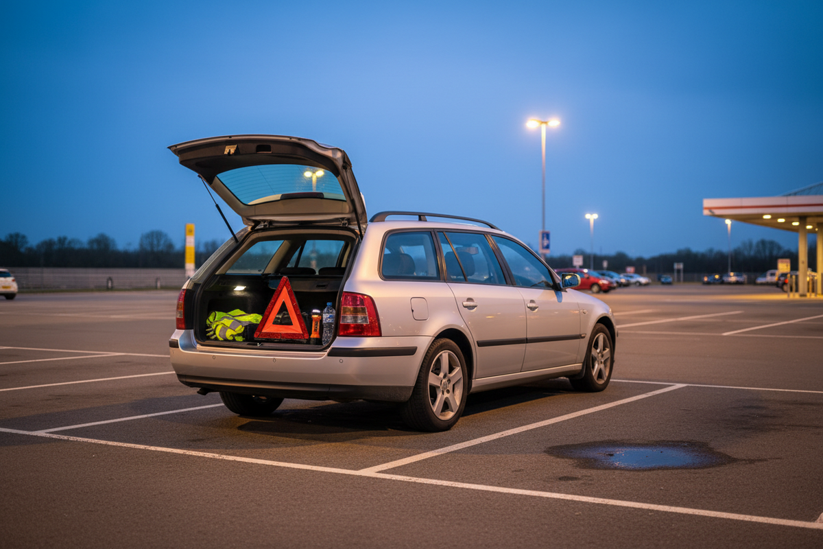 Unbranded family car with roadside kit at a UK service area on Saturday evening