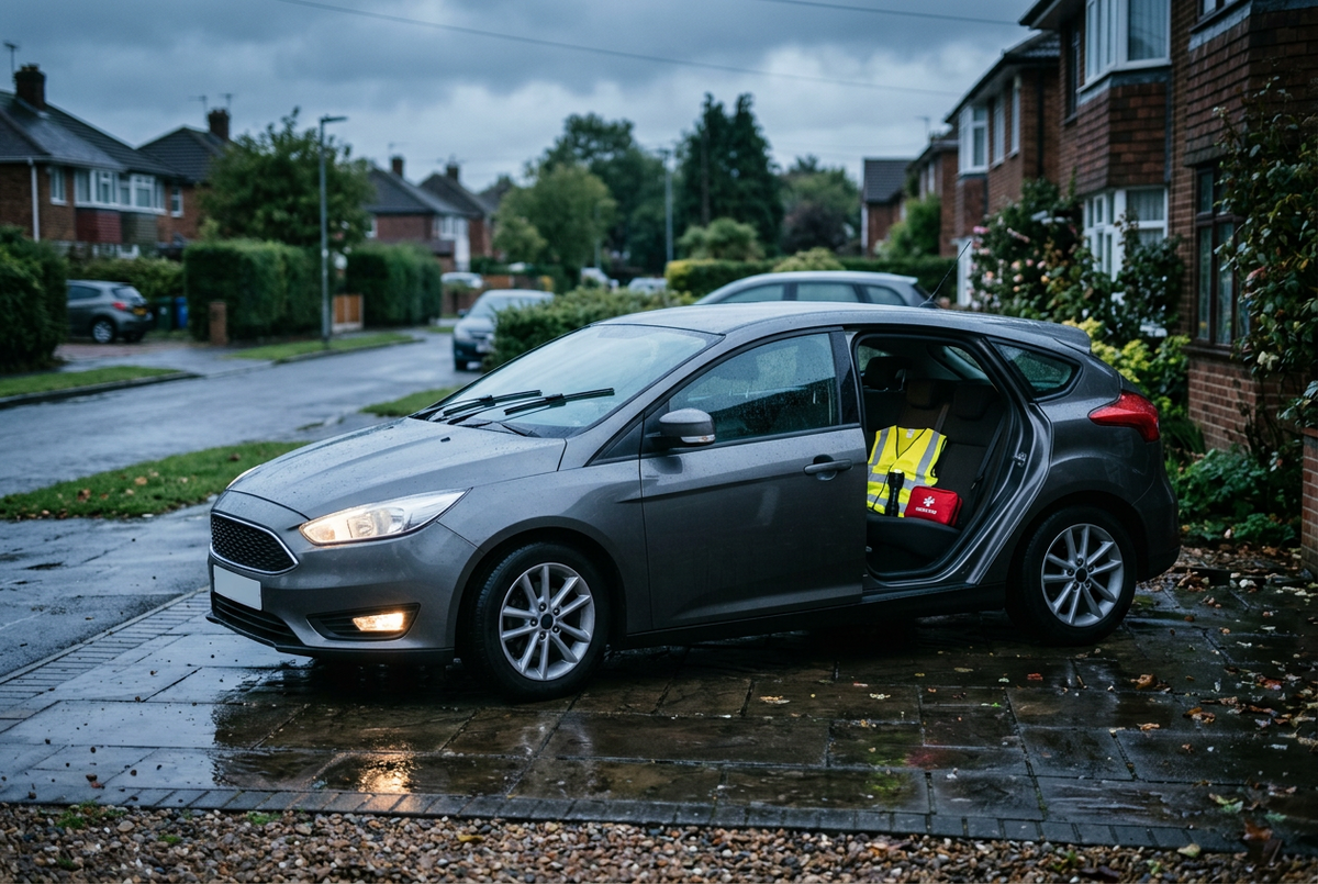 Generic unbranded family hatchback on a wet British driveway at dawn with a high-visibility vest and compact roadside emergency pouch visible through an open rear door
