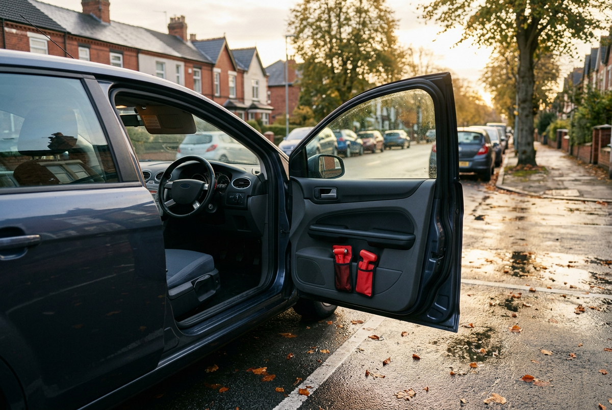 Generic unbranded family hatchback parked on a wet British residential street at golden hour with two red emergency escape tools secured in the open passenger door pocket
