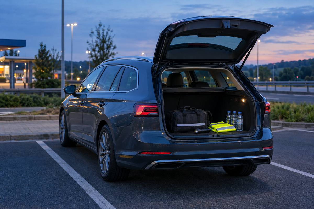Unbranded family estate with roadside kit at a UK service area at blue hour