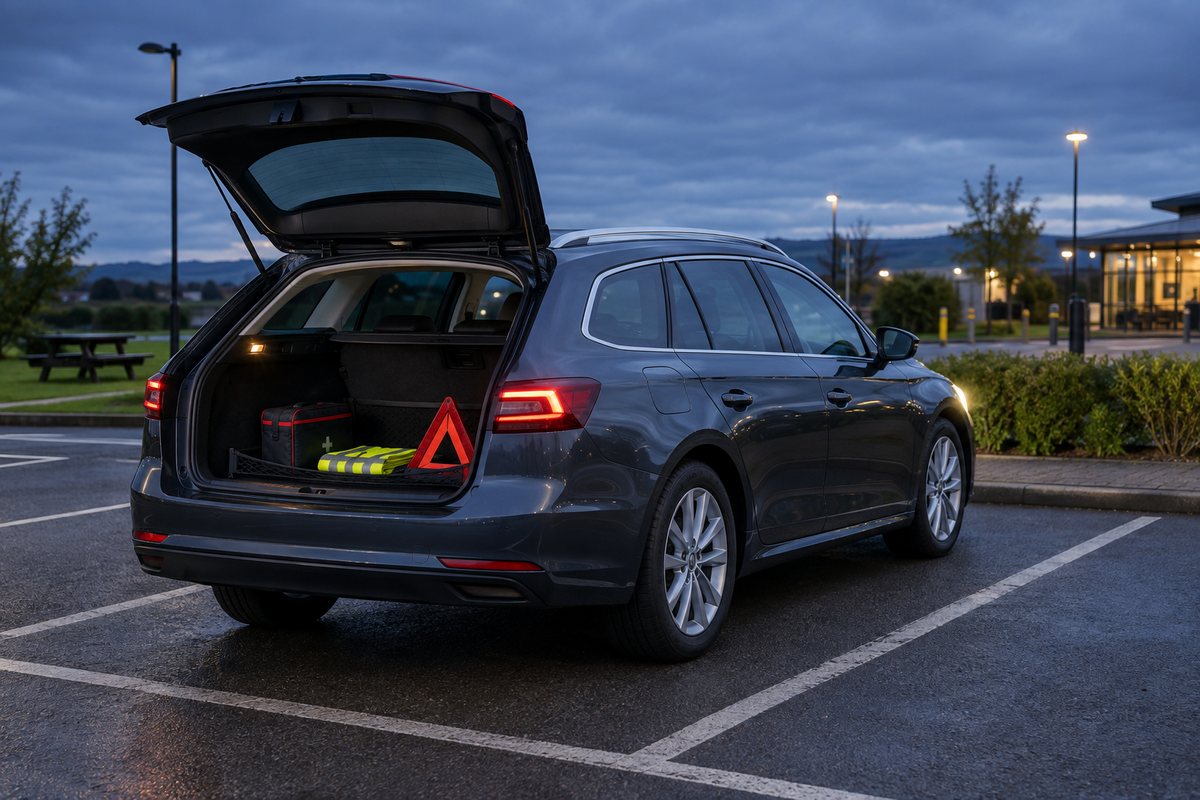 Unbranded family estate car with a secured roadside kit at a cloudy British service area before dusk