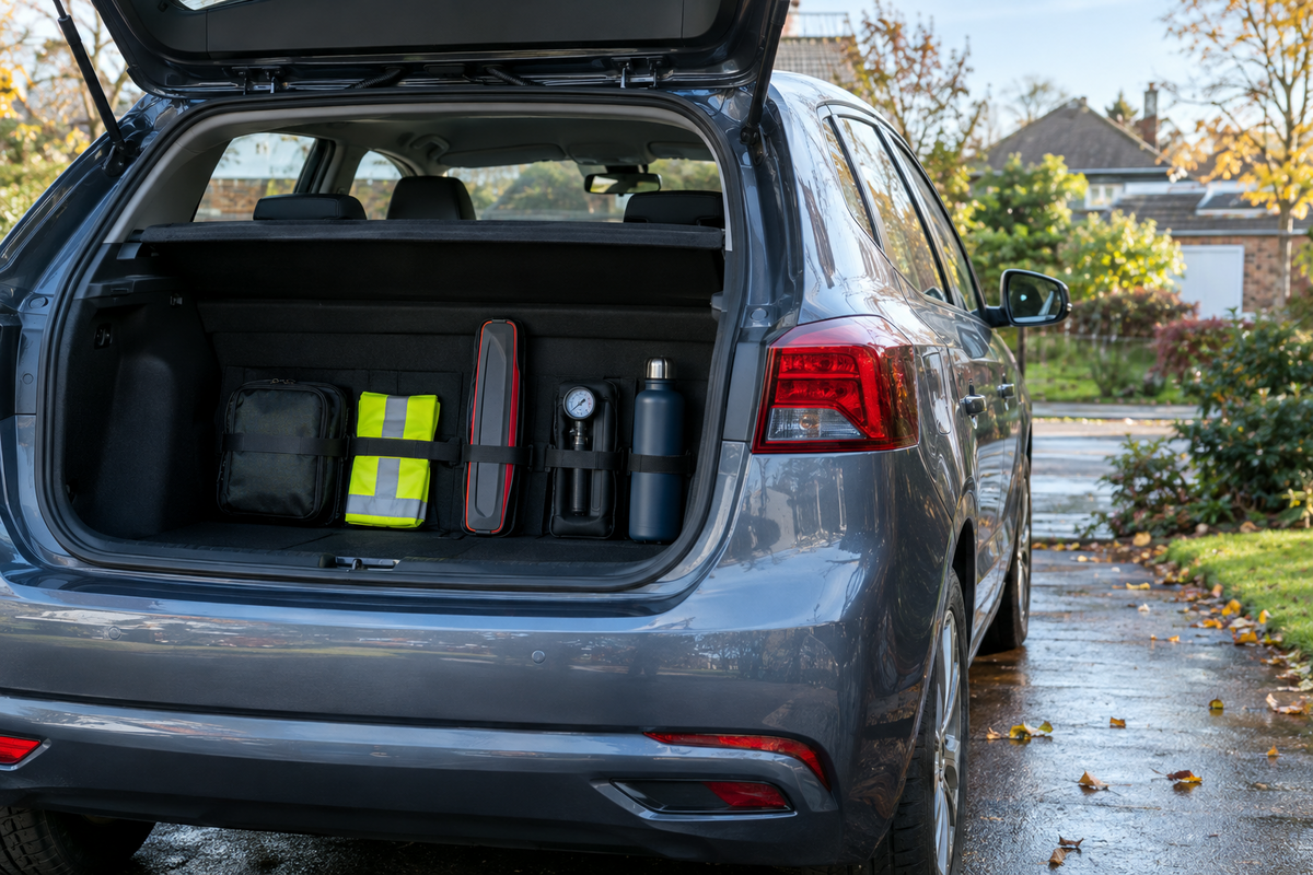 High-visibility vest, warning triangle case and compact roadside emergency pouch secured inside the open boot of an unbranded family car on a damp British driveway