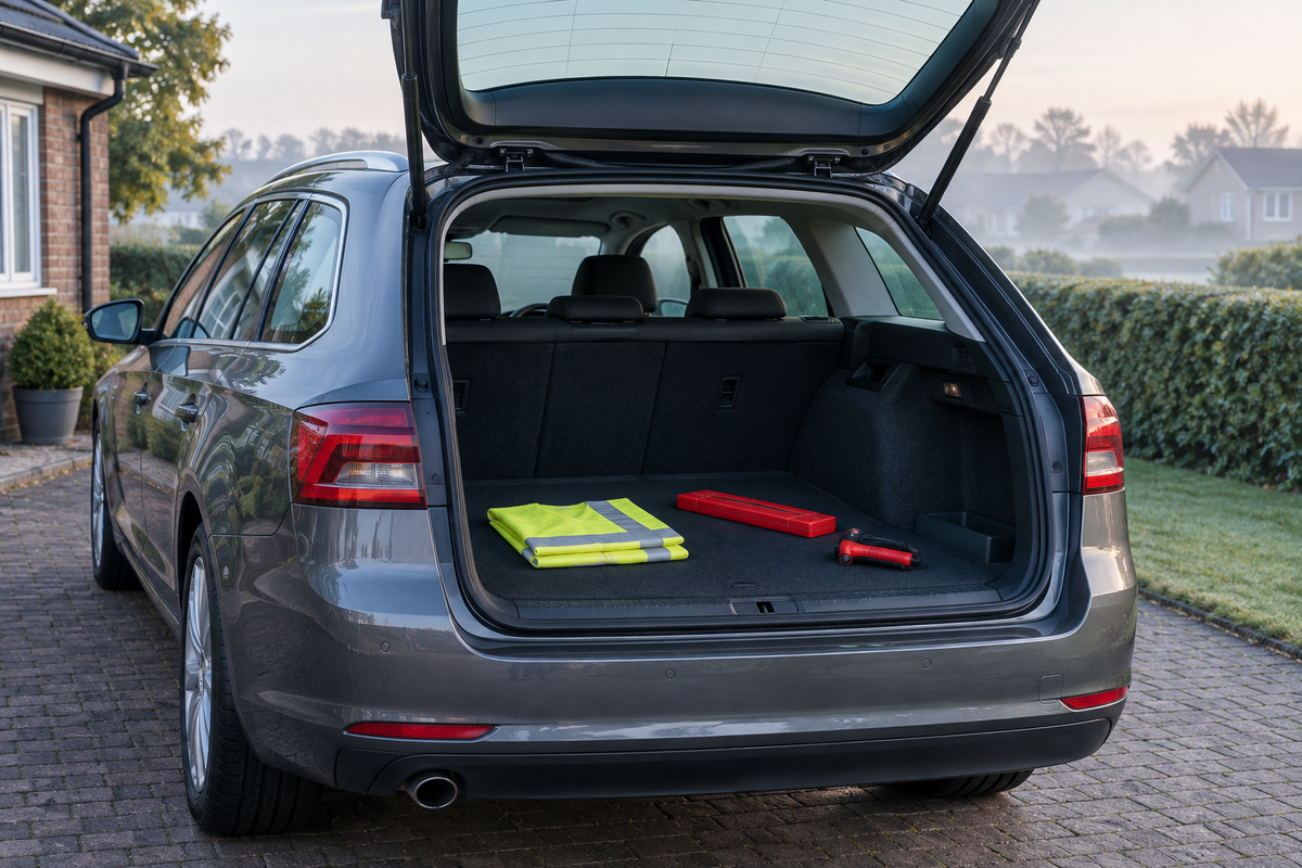 Unbranded family estate car on a misty British driveway with a high-visibility vest, warning triangle case and emergency escape tool secured in the boot