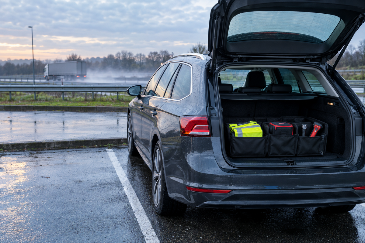 Unbranded family estate car with a secured roadside kit at a wet British service area on Wednesday morning