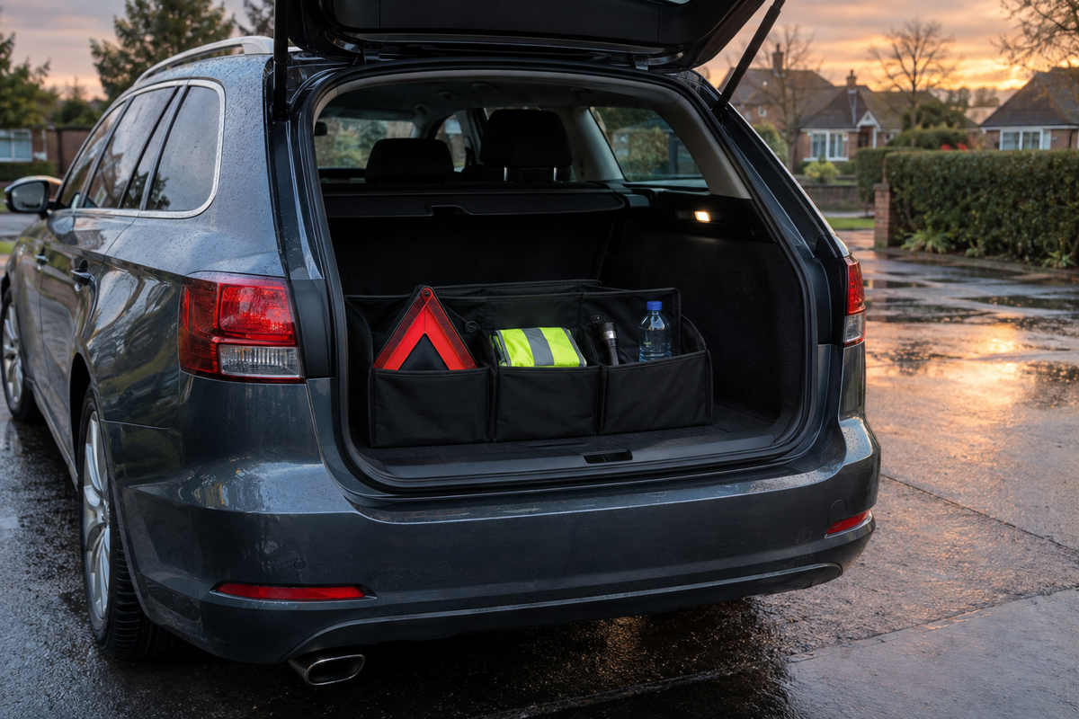 Unbranded family estate car with an organised roadside kit on a wet British driveway at dusk