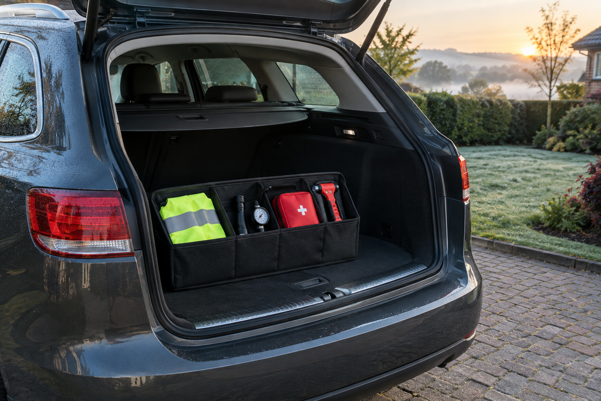 Emergency kit organised in an unbranded car boot on a dewy British driveway at sunrise