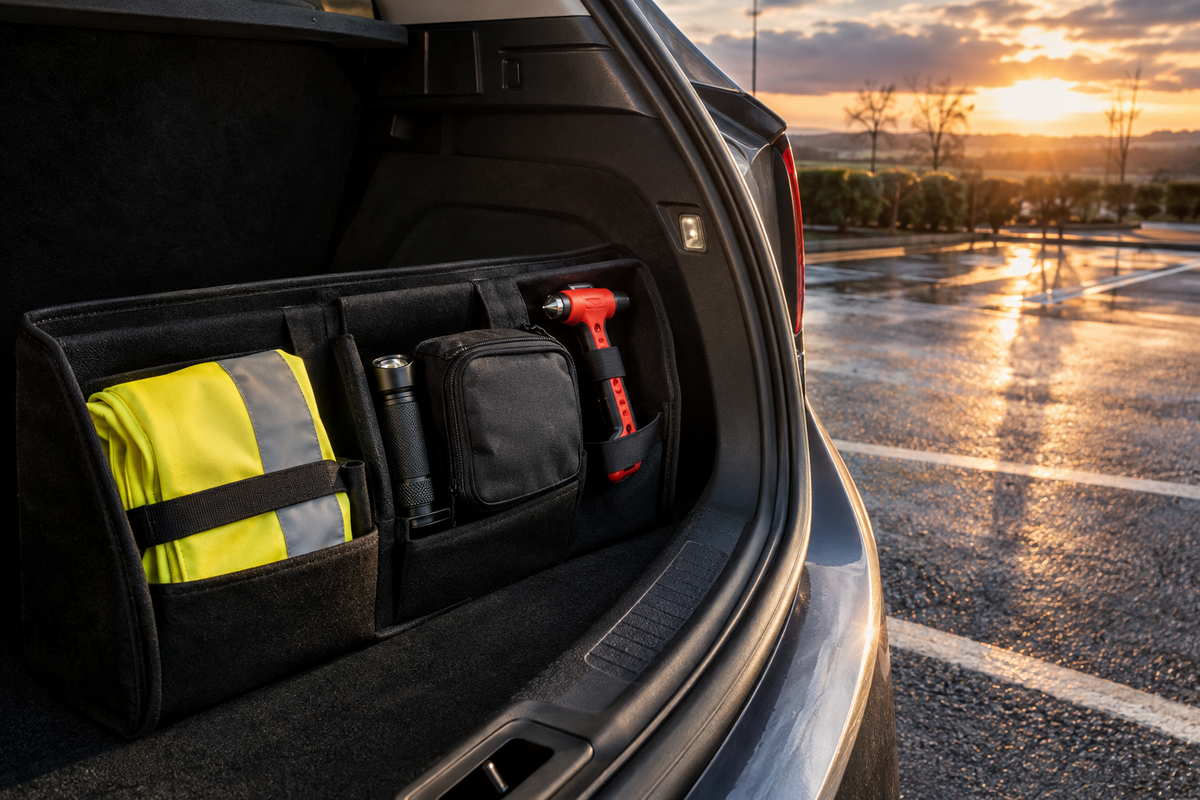 Roadside kit secured in an unbranded car boot during low autumn sun at a British service area