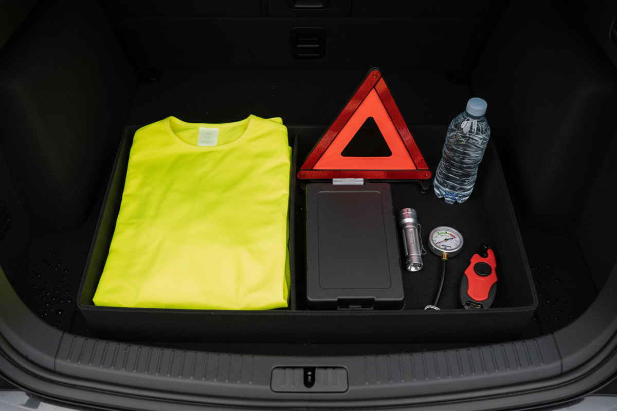 Unbranded roadside safety kit arranged in a car boot organiser on Sunday evening
