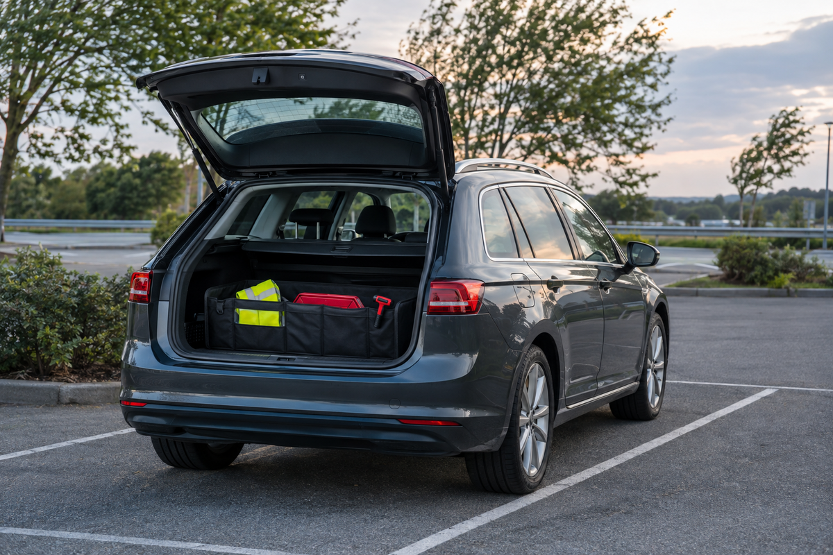 Unbranded family estate car with a secured roadside kit in its open boot at a British service area