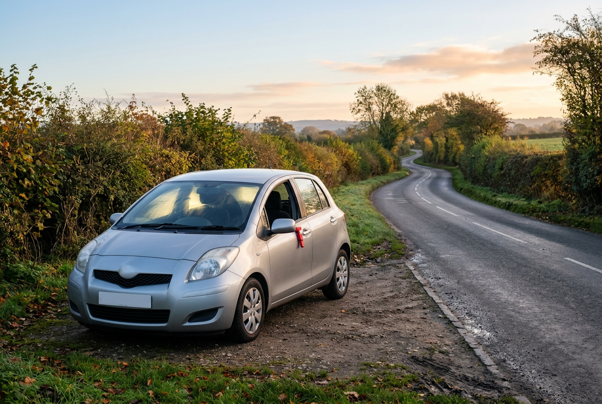 Generic family hatchback parked safely in a rural lay-by beside a hedge-lined British country road in low autumn morning sunlight