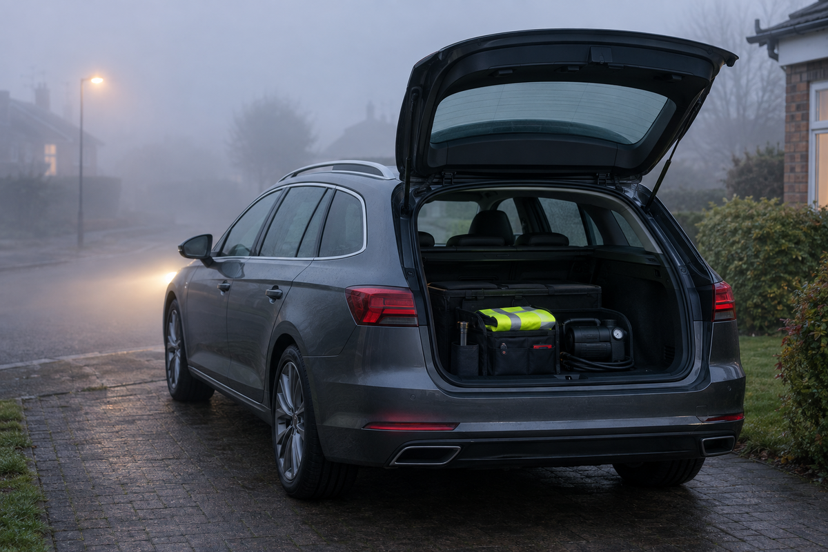 Unbranded family estate car with an organised roadside kit on a British driveway in early morning fog