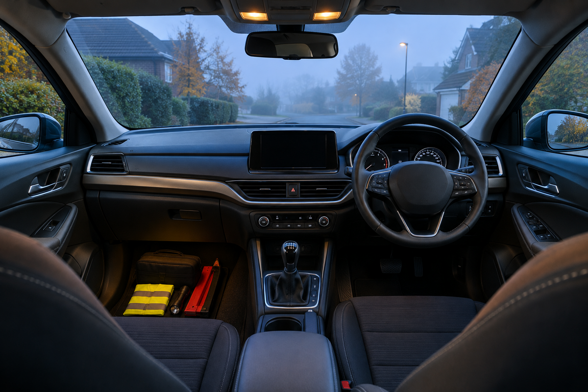 Right-hand-drive family car interior with a clear windscreen facing morning fog and a secured roadside emergency kit in the passenger footwell