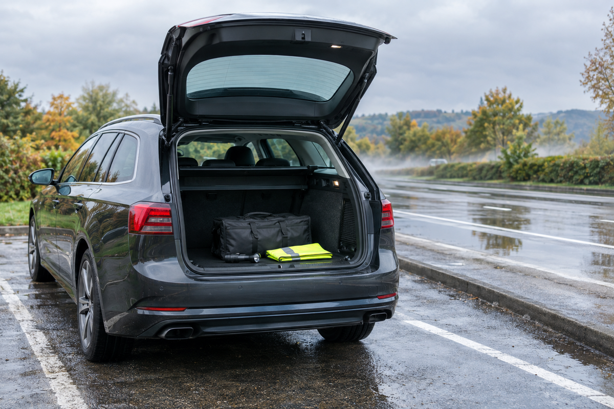 Unbranded family estate car with a roadside emergency kit beside a wet UK road