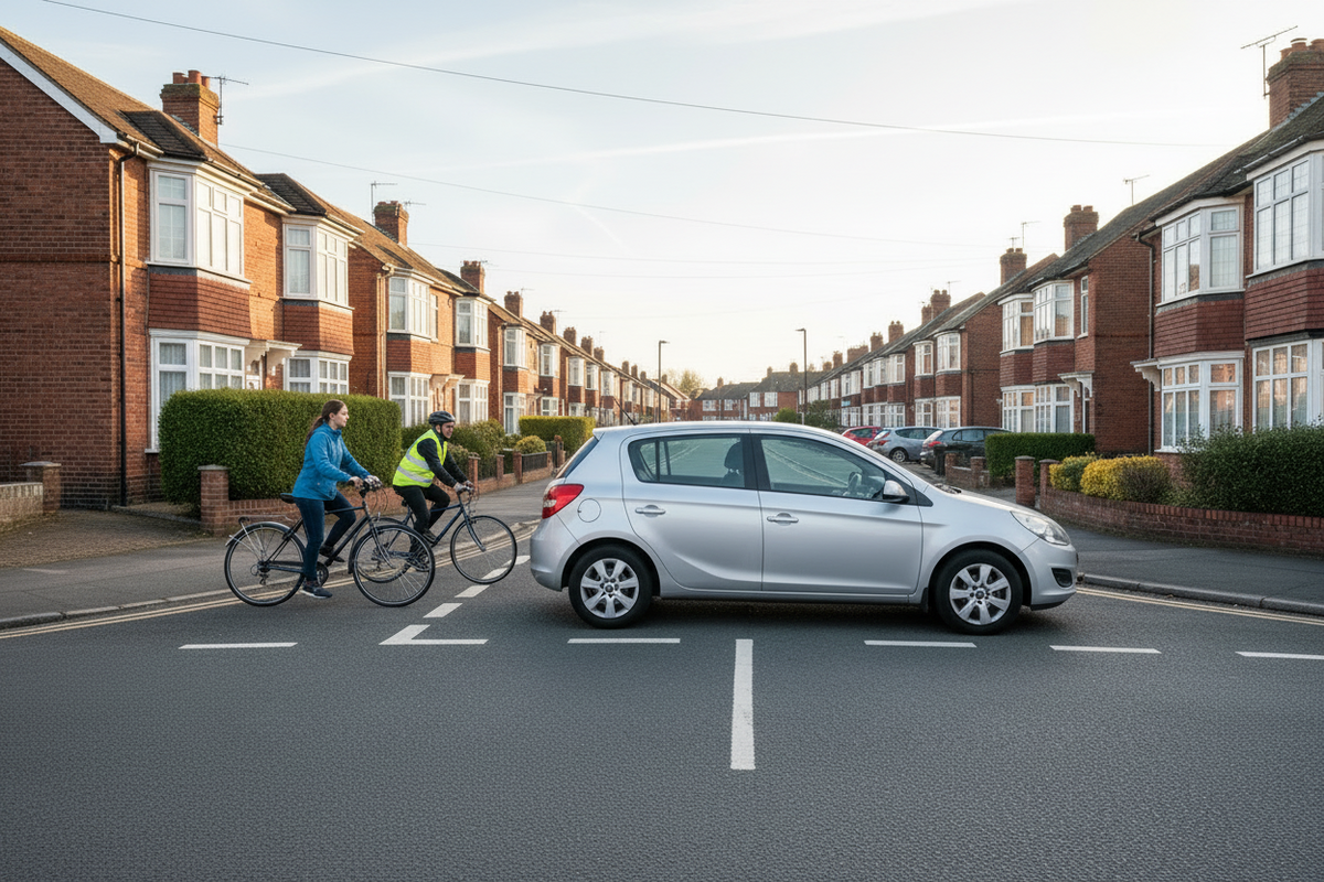 Unbranded family car waiting at a British suburban junction while cyclists pass