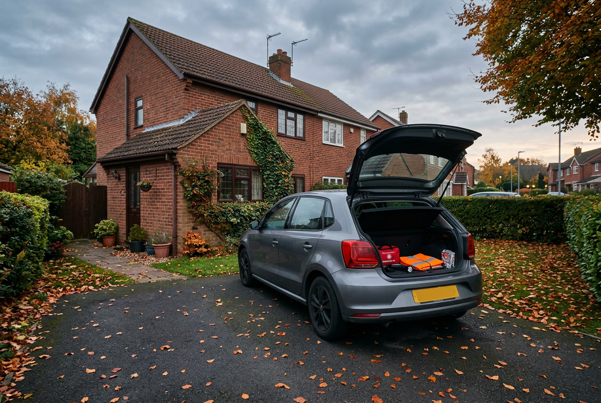 Generic unbranded right-hand-drive family hatchback on a British suburban driveway at cool autumn dawn, with a secured roadside emergency kit in the open boot