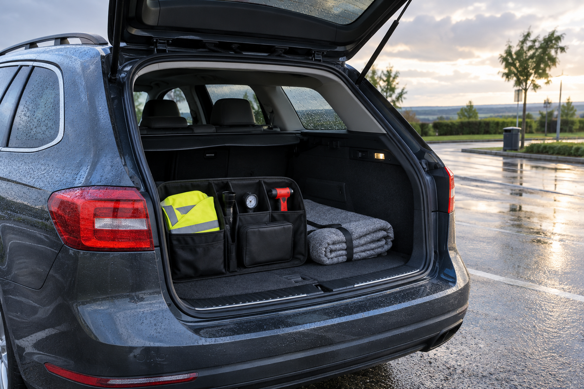 Emergency kit organised in an unbranded estate car boot at a damp British service area after a light shower