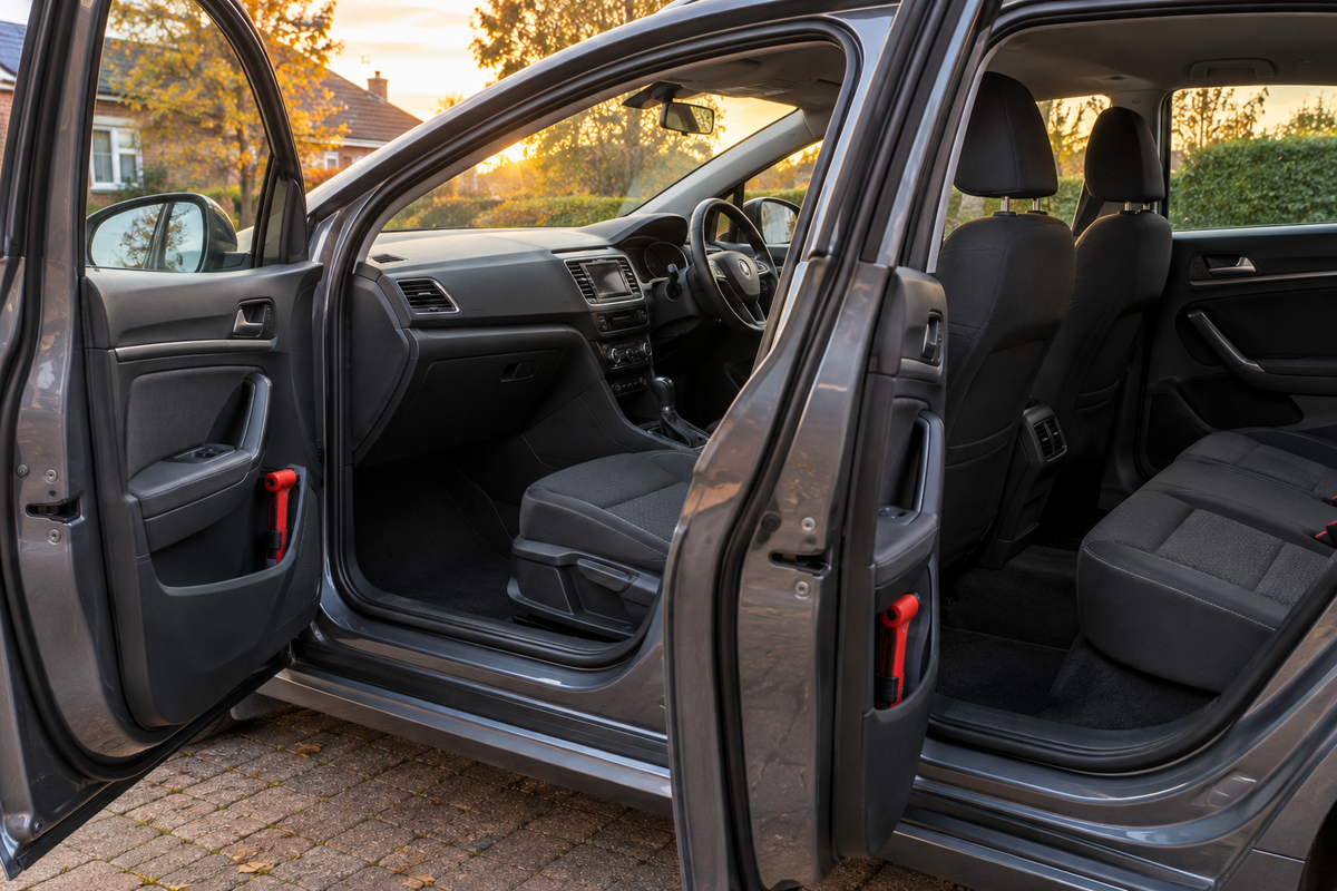 Unbranded family car on a British driveway at sunset with two compact emergency escape tools secured in the front and rear door pockets