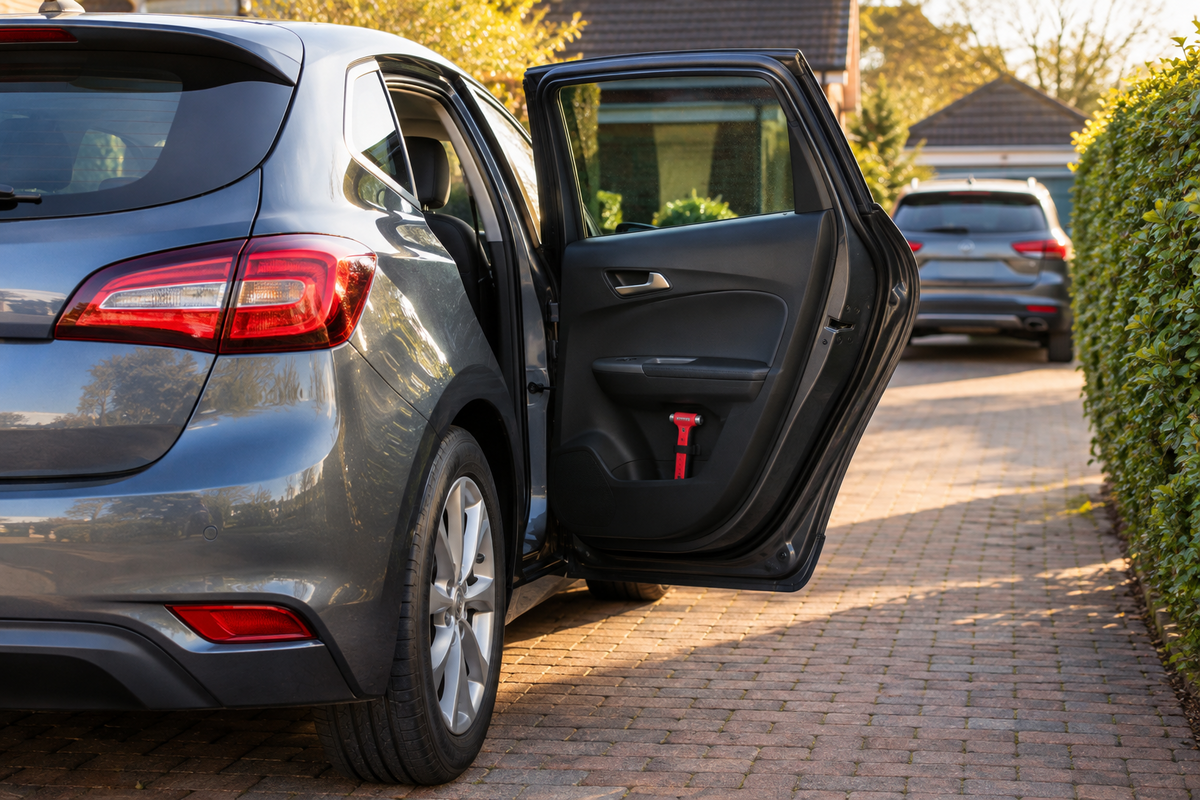 Two unbranded family cars on a British driveway in warm evening light with a red and black escape tool secured in an open rear door pocket