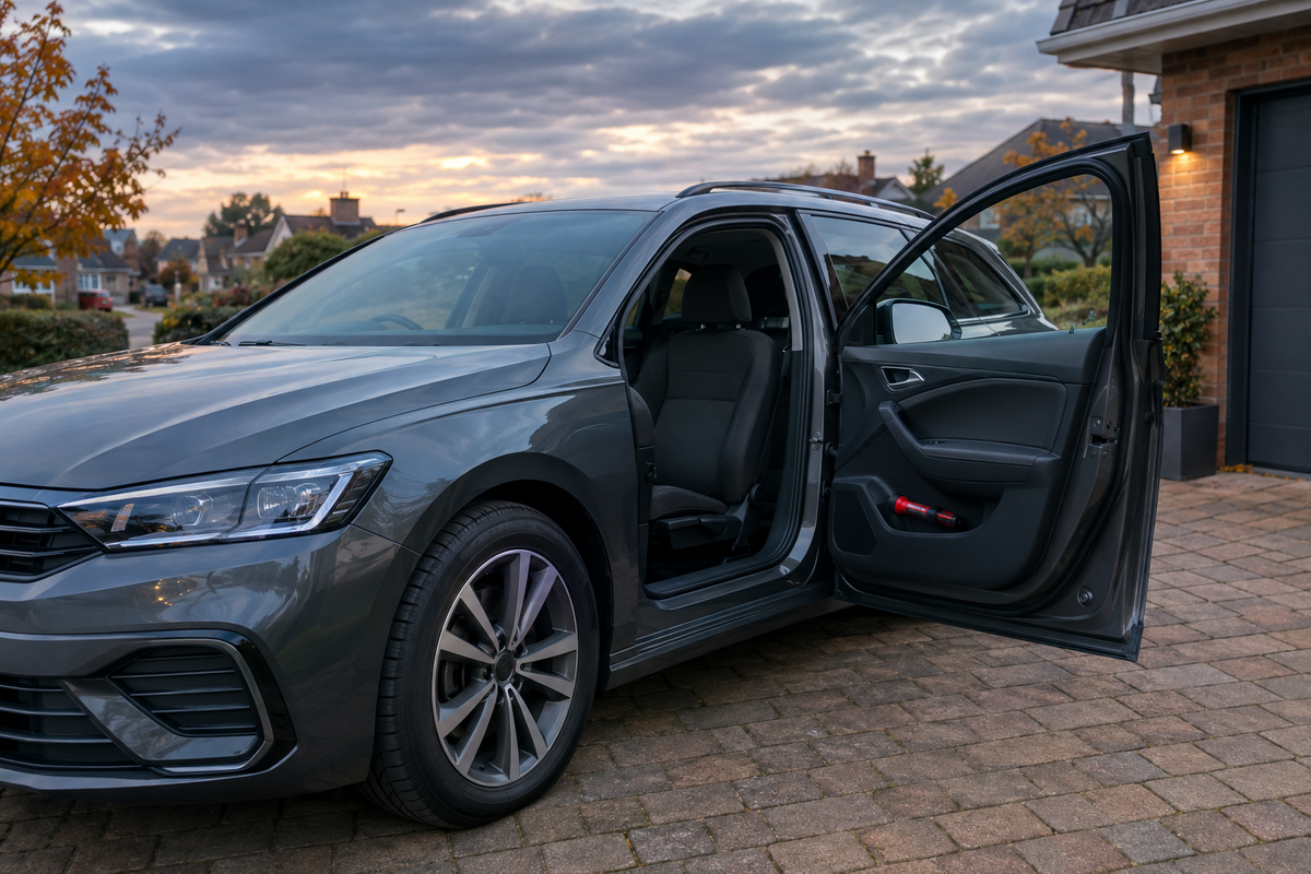 Unbranded family car on a British driveway at dusk with a red and black emergency escape tool secured in the passenger door pocket