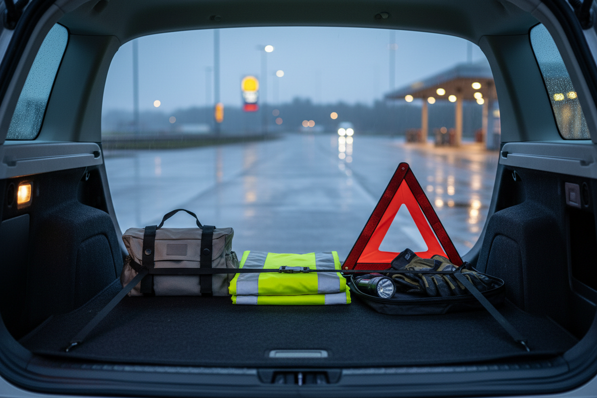Unbranded car boot with roadside emergency kit on a wet UK evening