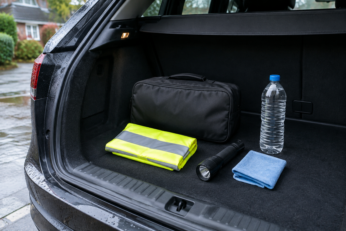 Organised roadside emergency kit in an unbranded car boot on a damp UK morning