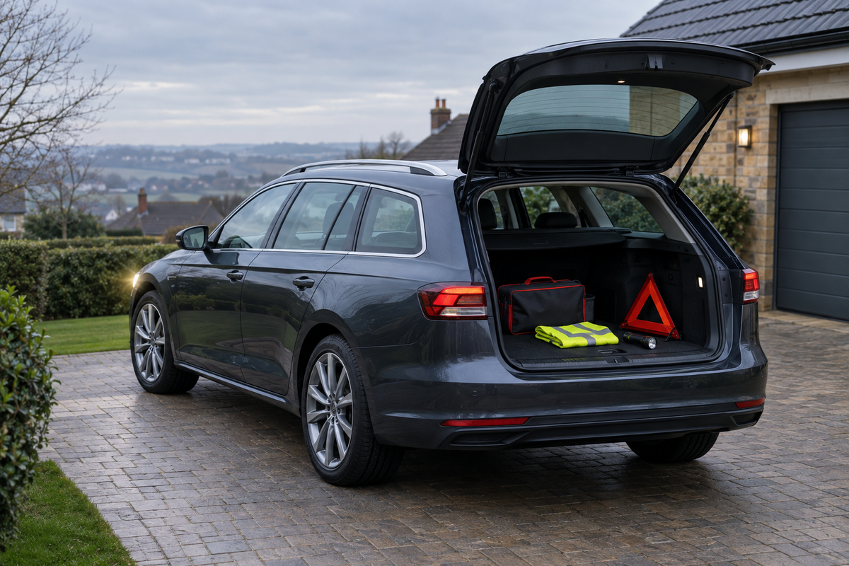 Unbranded family estate car on a cloudy British driveway with a secured roadside emergency kit in the open boot