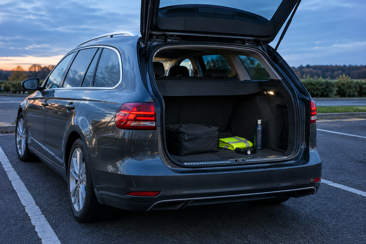 Realistic unbranded UK family car at a dusk service-area lay-by with a compact roadside kit in the open boot
