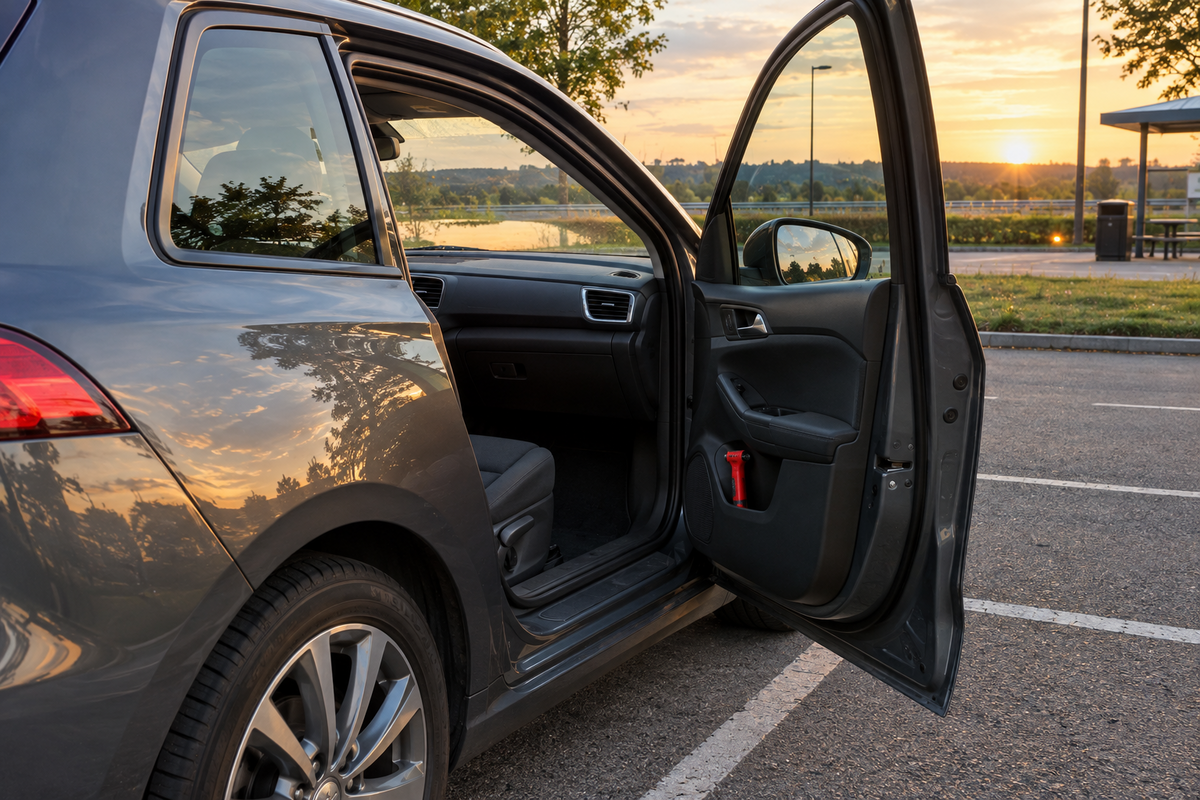 Unbranded family car at a British service area in golden-hour sunlight with an emergency escape tool secured in the door pocket