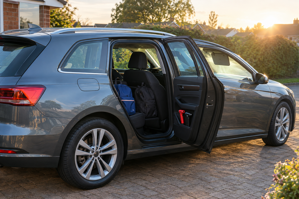 Unbranded family estate car prepared for a low-sun Monday school run on a British driveway