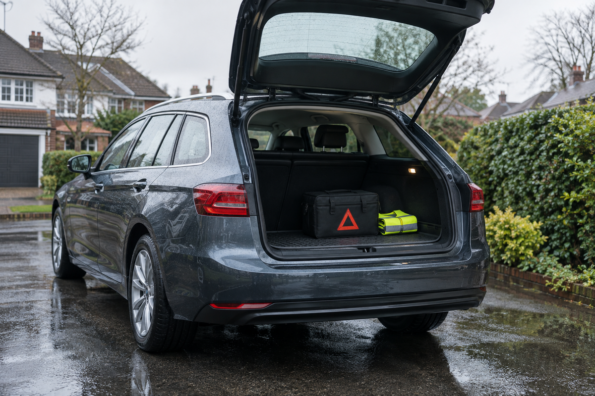 Unbranded family estate car on a wet British driveway with a high-visibility vest and warning-triangle case secured in the open boot