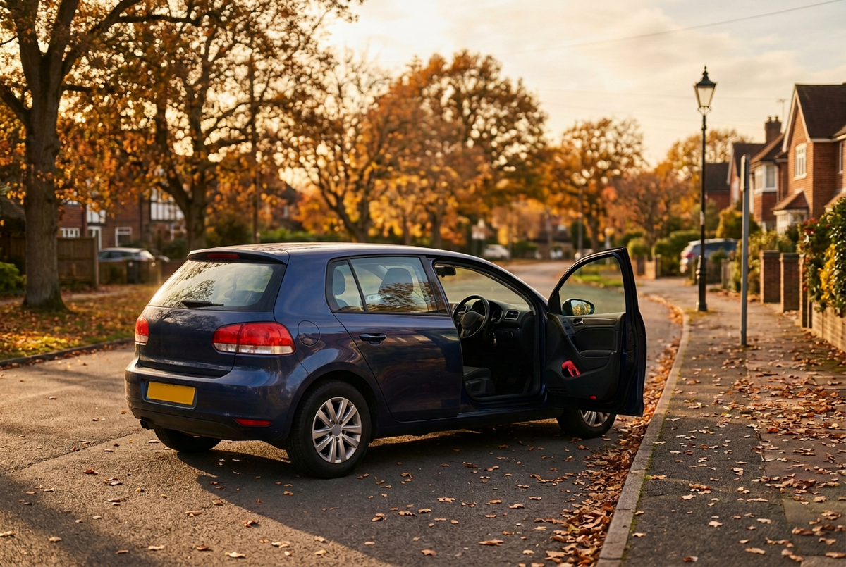 Generic unbranded right-hand-drive family hatchback on a British suburban road in late autumn afternoon light, with a compact escape tool secured inside the driver door pocket